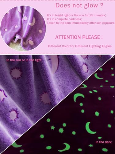 AUIVTY Glow in The Dark Blanket for Girls Birthday Purple Pink Moon Star Soft Throw Blanket for Kids Toddler Teen Girls Women (Purple, 40x60 inch, Moon Star)