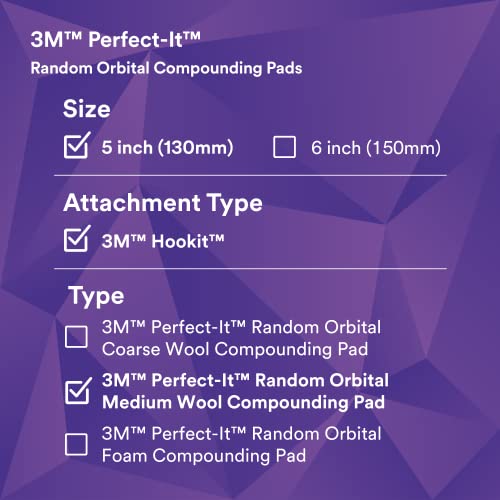 3M Perfect-It Random Orbital Medium Wool Compounding Pad, 5"/130 mm, White, 34121, Orbital Pads for Automotive Compounding and Polishing