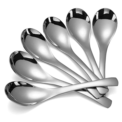 Soup Spoons Stainless Steel Asian Soup Spoon Set of 6 Heavy-Weight Round Table Spoons Mirror Polished Silver Ramen Spoons