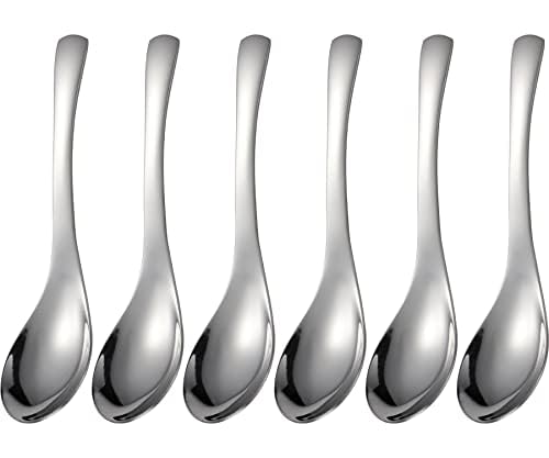 Soup Spoons Stainless Steel Asian Soup Spoon Set of 6 Heavy-Weight Round Table Spoons Mirror Polished Silver Ramen Spoons