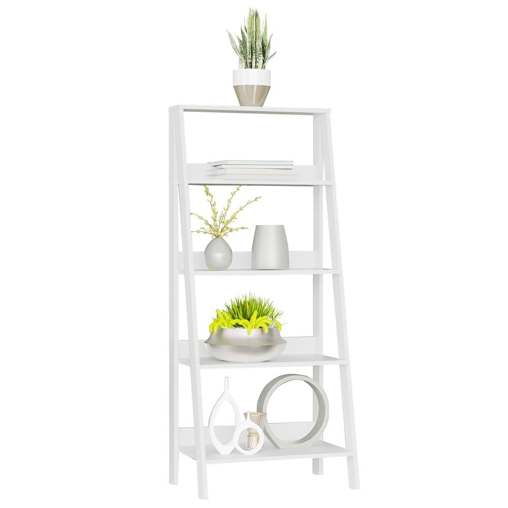 Madesa Modern 5-Tier Ladder Shelf Pantry Storage Space 24 Inch Wooden Free Standing Bookshelf Utility Shelves for Home Office Study Room and Kitchen - White