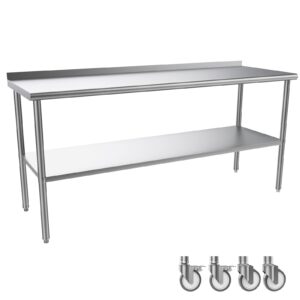 rovsun 72' x 24'' stainless steel table for prep & work,commercial worktables & workstations, nsf heavy duty metal table with wheels & backsplash for kitchen, restaurant,home,hotel