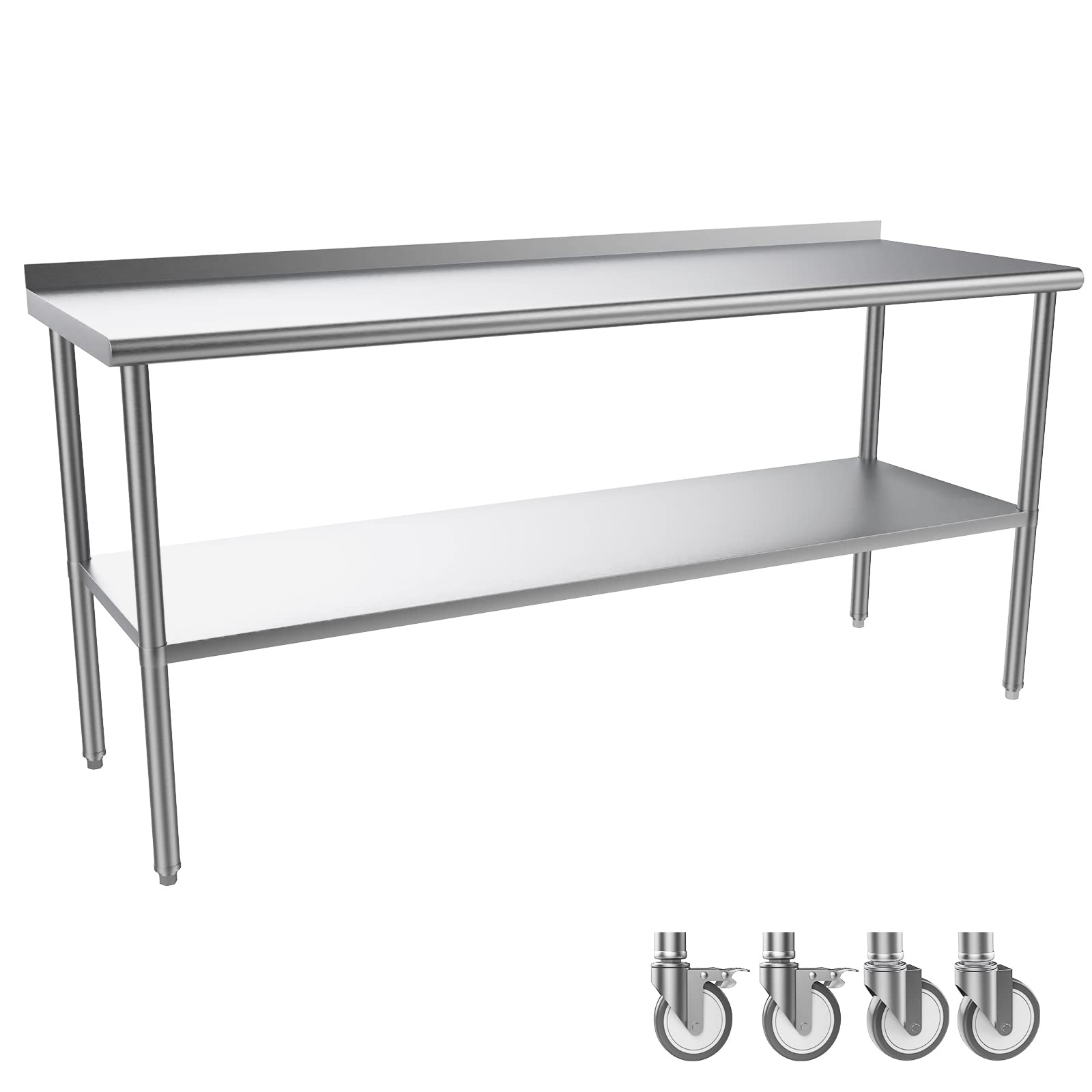 ROVSUN 72' x 24'' Stainless Steel Table for Prep & Work,Commercial Worktables & Workstations, NSF Heavy Duty Metal Table with Wheels & Backsplash for Kitchen, Restaurant,Home,Hotel