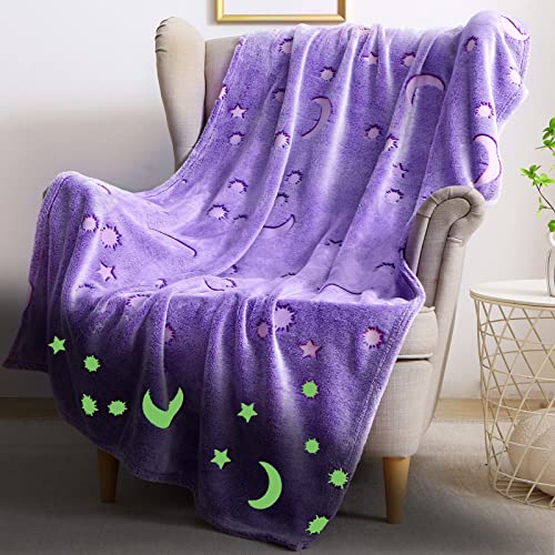 AUIVTY Glow in The Dark Blanket for Girls Birthday Purple Pink Moon Star Soft Throw Blanket for Kids Toddler Teen Girls Women (Purple, 40x60 inch, Moon Star)