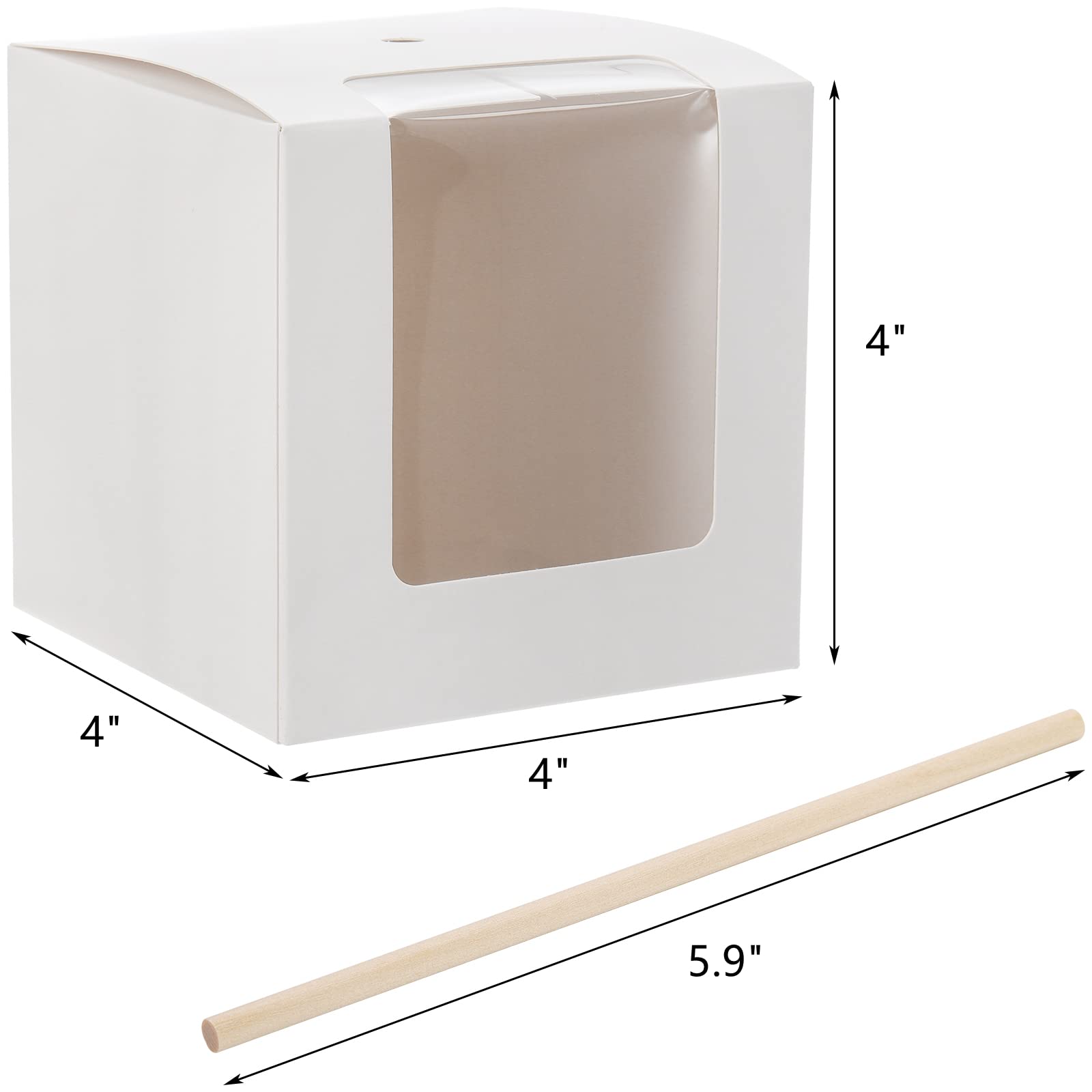 Frcctre 50 Pack White Kraft Candy Apple Boxes with Holes and Sticks, 4" x 4" x 4" Caramel Apple Box Gift Boxes Favor Boxes with Clear Window for Wedding Christmas Baby Shower Party Accessories