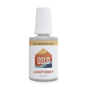 oslo home touch up paint, 20ml light grey matte, made in usa, w/brush in bottle, quick drying, self-priming, for rental and home repairs, walls, trim, kitchen cabinets, furniture, and more