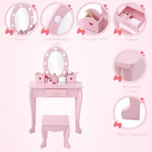 ShiningLove Kids Vanity Set with Mirror,Kids Vanity Table and Chair Set Girls' Makeup Dressing Table with Lights & Wood Makeup Playset for Age 4-9 Years