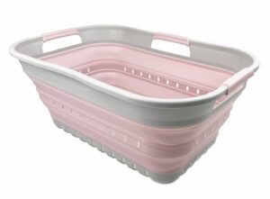 sammart 21l (5.5 gallon) super mini collapsible 3 handled plastic basket - foldable pop up storage container/organizer - space saving hamper/basket (grey/pale pink)