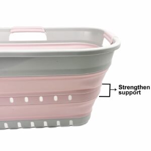 SAMMART 21L (5.5 gallon) Super Mini Collapsible 3 Handled Plastic Basket - Foldable Pop Up Storage Container/Organizer - Space Saving Hamper/Basket (Grey/Pale Pink)