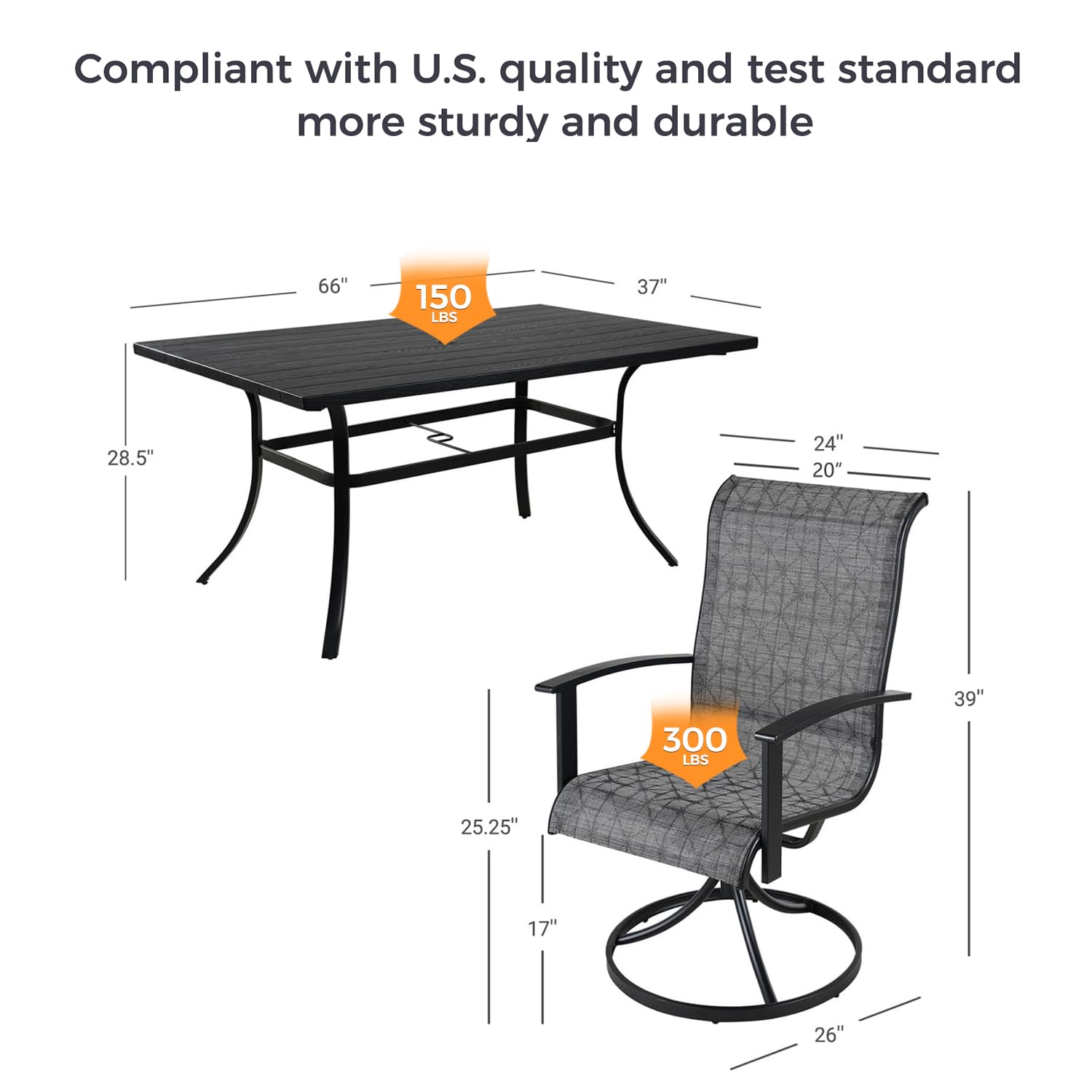 Grand patio Outdoor Dining Set for 6, Patio Dining Set with 6-Piece Mesh Sling Rocking Chairs, 1-Piece Large Rectangular Woodgrain Dining Table with Umbrella Hole, Black & Grey Plaid