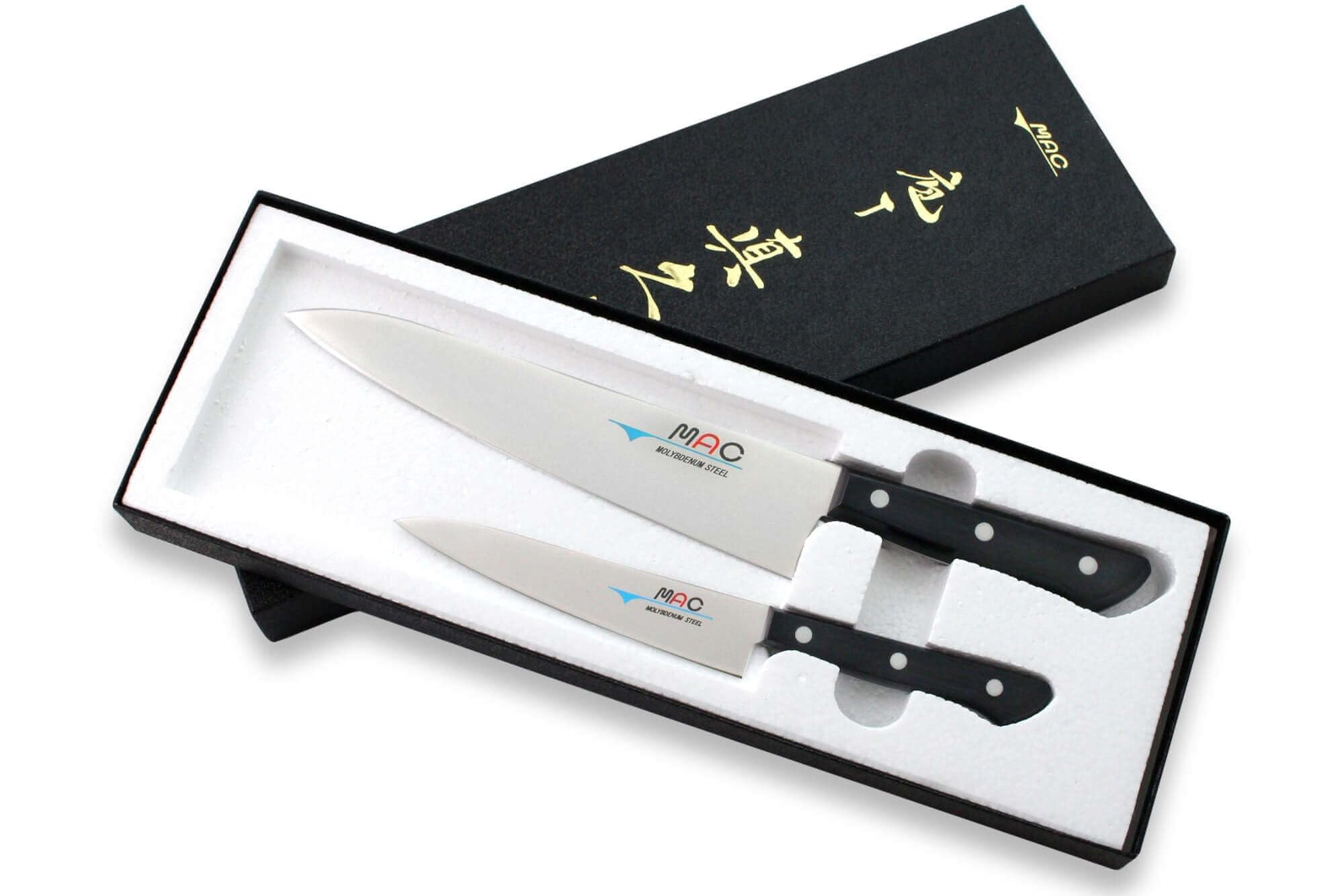 MAC Knife Chef series 2-piece starter knife set H-30, HB-85 Chef series 8.5" Gyutou-style Chef's knife and HB-55 Chef series 5.5" Utility knife, handcrafted in Seki, Japan