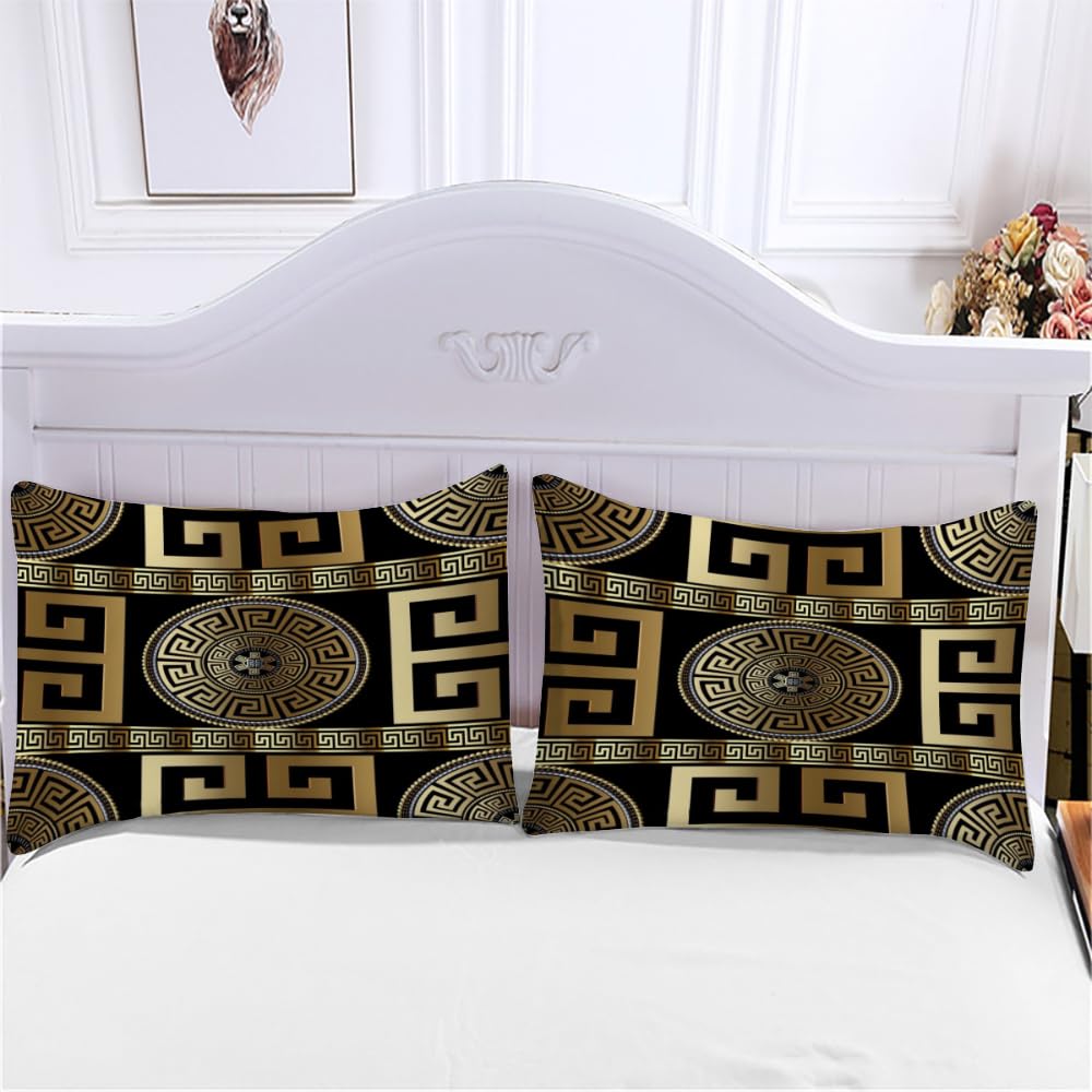 Retro Black Gold Greek Key Meander 3D Print Duvet Cover Set, 3D Geometric Gold Print Luxury Soft 3 Pieces Bedding Set Breathable with 2 Pillow Shams for Hotel Bedroom Decor (King, No Comforter)