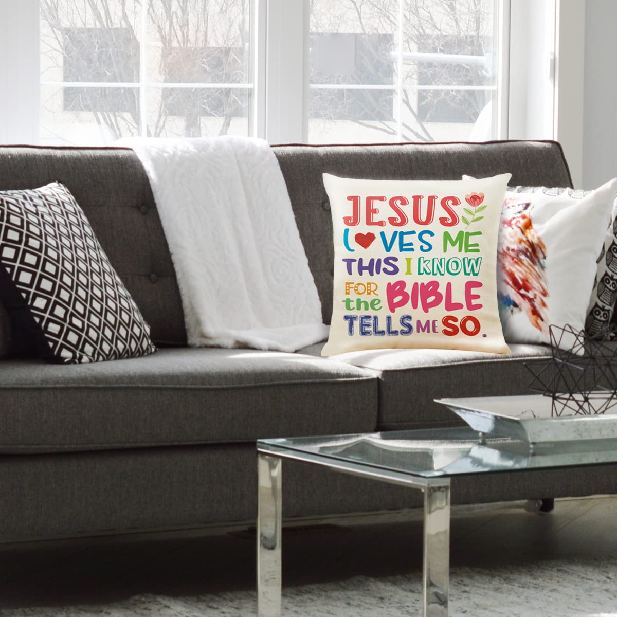 Gifts for Kids Bible Verse Quote Throw Pillow Covers, Jesus Loves Me Pillow case Cushion Case for Nursery Playroom Classroom,Kids Birthday Gift Ideas from Mom, Present for Christian Kids Christmas