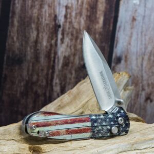 WHISKEY BENT HAT CO. Catch Pin Lock Folding Pocket Knife w/Clip Drop Point Blade Thumbstud Opening 440C Stainless Steel (Patriot, 3.75" Closed Length)