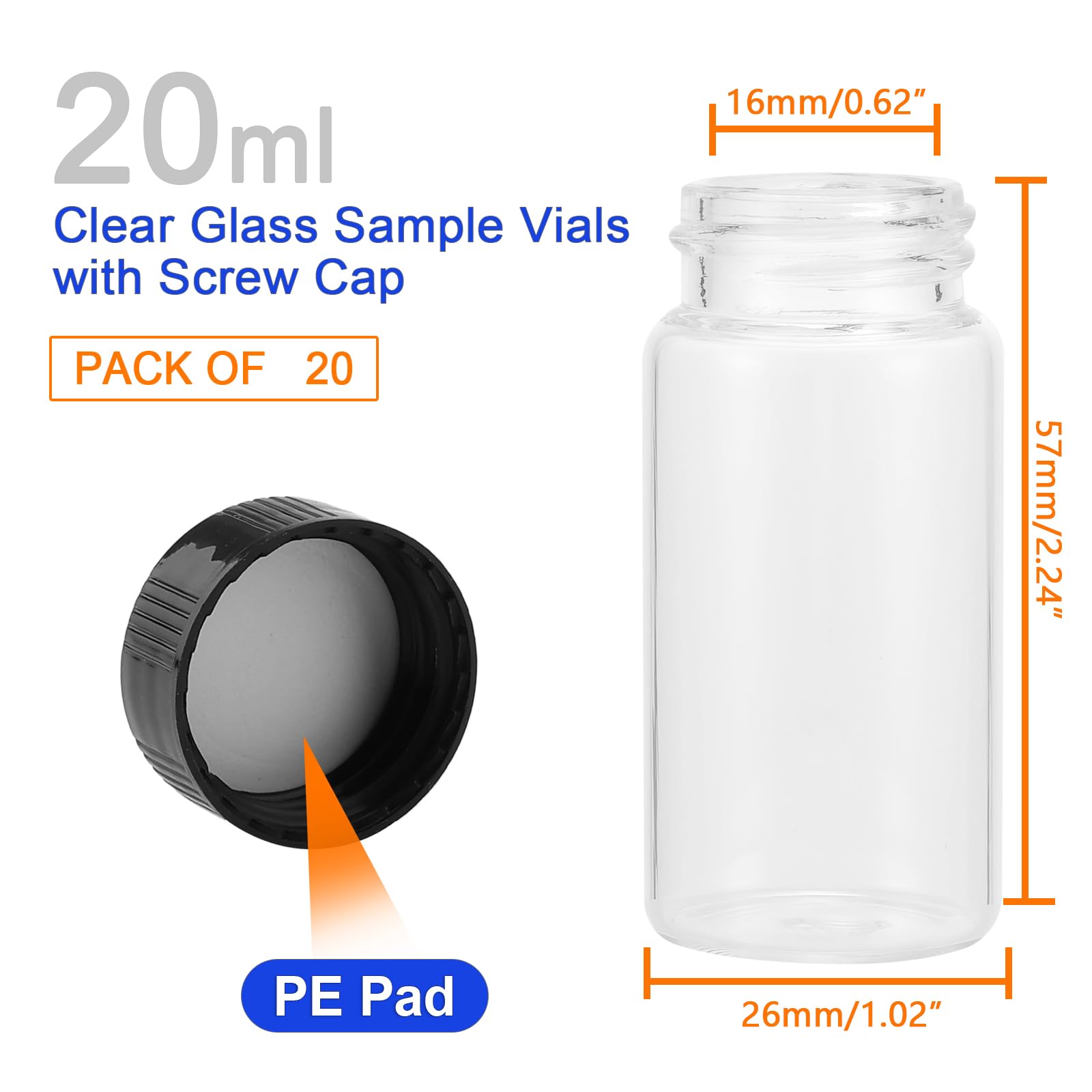 Kesell 20ml 20-Pack Glass Vials with Screw Caps Small Glass Bottles for Essential Oil Clear Vials with Lids