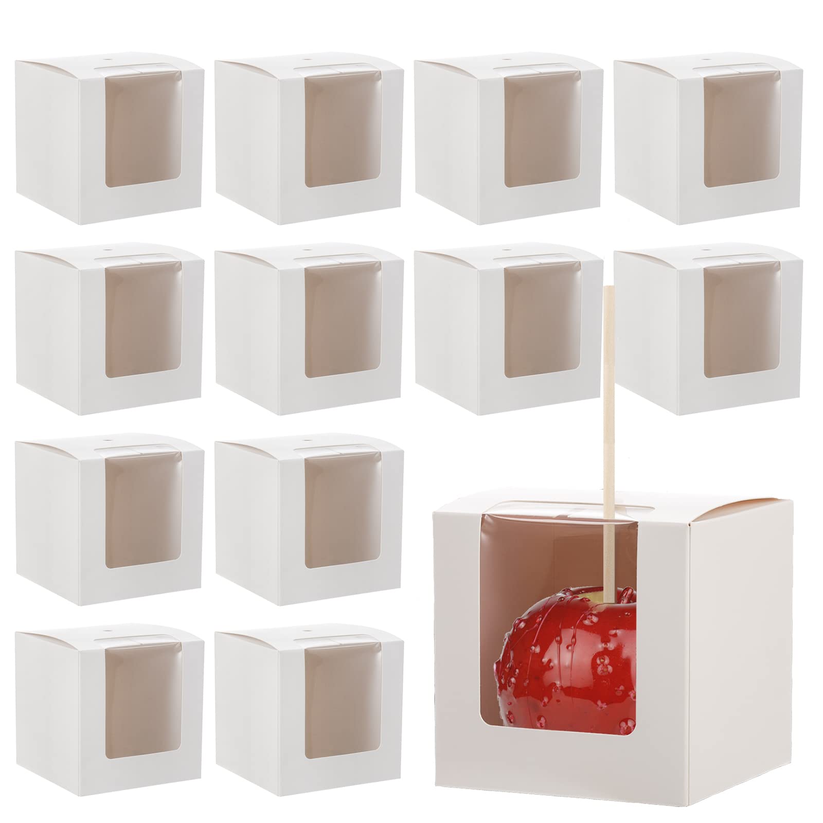 Frcctre 50 Pack White Kraft Candy Apple Boxes with Holes and Sticks, 4" x 4" x 4" Caramel Apple Box Gift Boxes Favor Boxes with Clear Window for Wedding Christmas Baby Shower Party Accessories