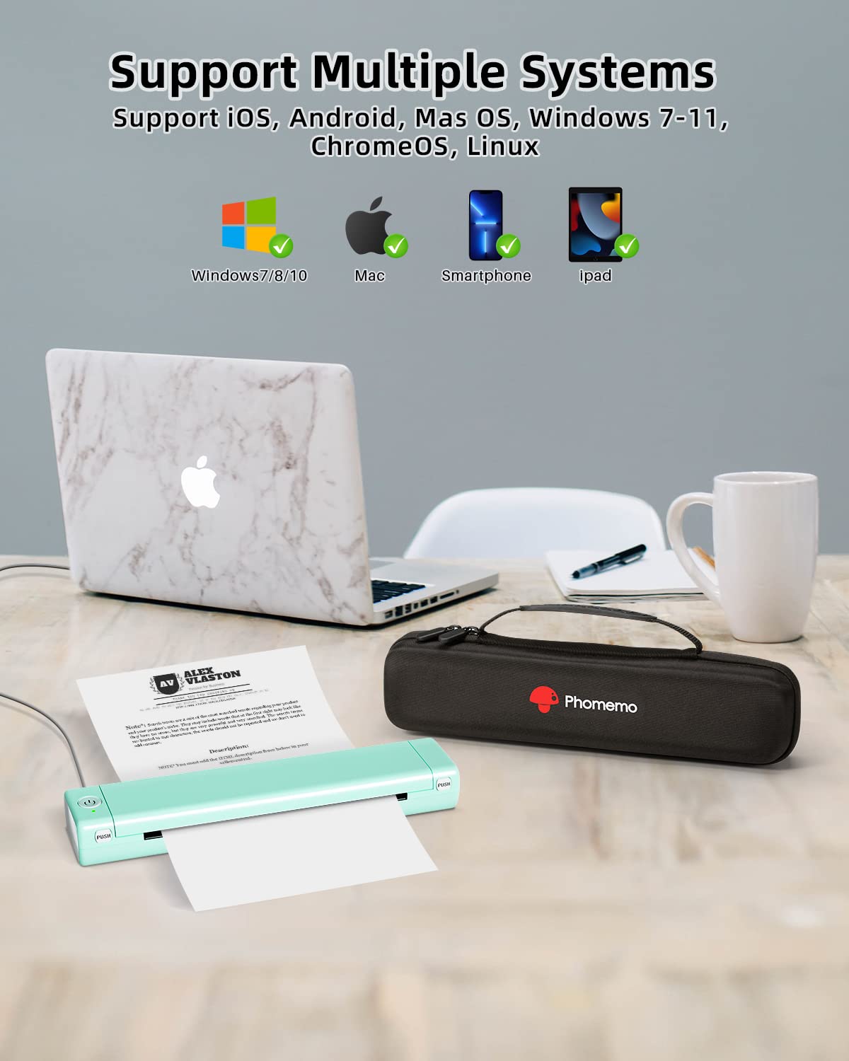 Phomemo M08F Portable Printers Wireless for Travel, Support 8.5" X 11" US Letter,Bluetooth Thermal Printer Compatible with iOS, Android, Laptop, Inkless Mobile Printer for Travel, Office, Home, Cyan