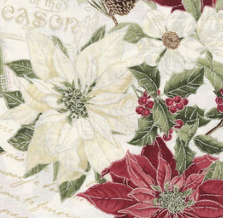 Traditional Christmas Poinsettia and Pinecone Cotton Precut Fabric - One Yard