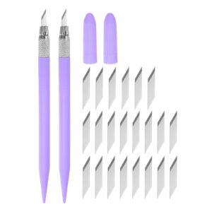 uxcell art craft knife set, 2pcs carving knife with 24pcs spare metal blade for scrapbooking stencil hobby diy, pvc plastic handle, purple (2 set)