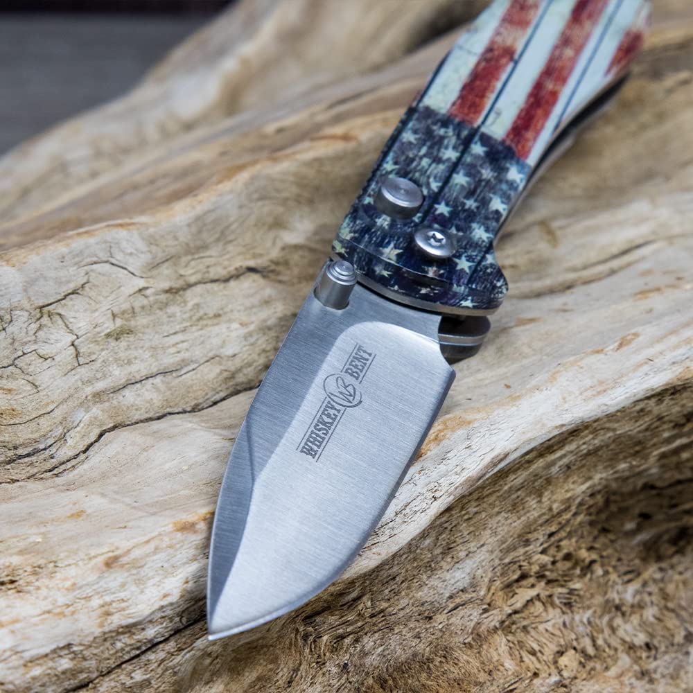 WHISKEY BENT HAT CO. Catch Pin Lock Folding Pocket Knife w/Clip Drop Point Blade Thumbstud Opening 440C Stainless Steel (Patriot, 3.75" Closed Length)