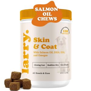 salmon oil for dogs skin and coat by larry | dog supplements for itchy skin & allergy relief | omega 3, 4, dha, & epa for skin, coat, bone, & joint health | for all breeds & sizes, (120 soft chews)