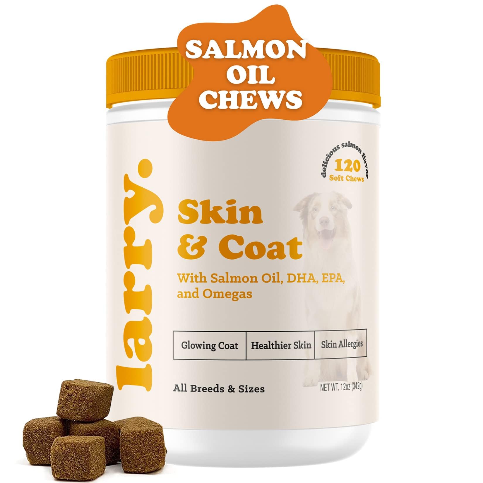 Salmon Oil for Dogs Skin and Coat by Larry | Dog Supplements for Itchy Skin & Allergy Relief | Omega 3, 4, DHA, & EPA for Skin, Coat, Bone, & Joint Health | for All Breeds & Sizes, (120 Soft Chews)