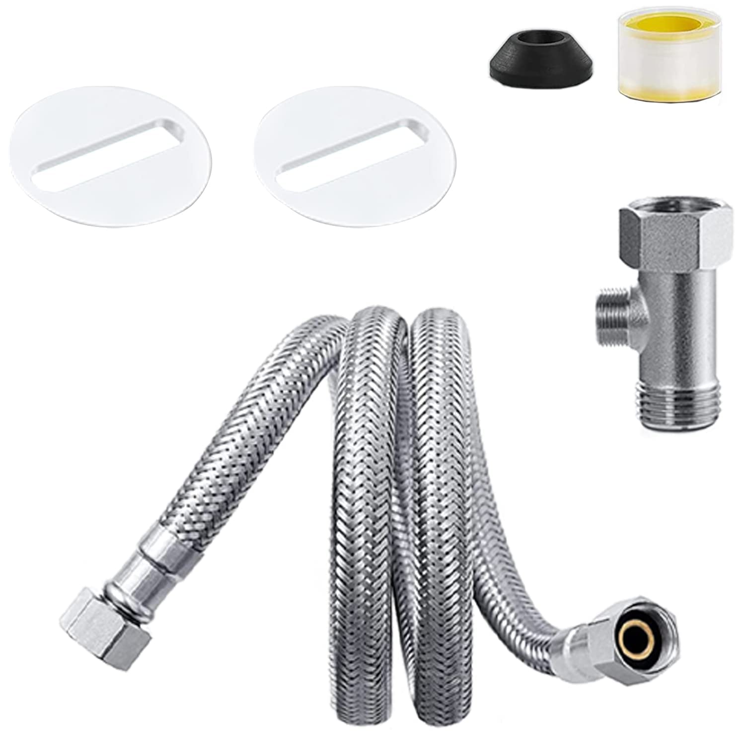 BIGCOW Bidet Installation Accessories Set, Contains 1/2" Stainless Steel T-Adapter, Teflon Tape, Circular Fixing Plates With Rubber Gaskets * 2, Cold Water Connection Metal Braided Hose