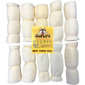 woofley's 5-6" buffalo beef cheek roll -(10 count)- beef cheek rolls for dogs - long lasting natural dog chews