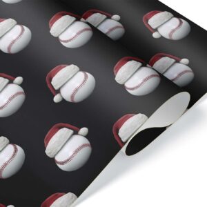 Cute Santa Hat Baseball Gift Wrap Thick Wrapping Paper Bball Themed Christmas Holiday Party Decoration (One 20 inch x 30 inch sheet)