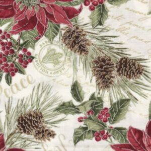 Traditional Christmas Poinsettia and Pinecone Cotton Precut Fabric - One Yard