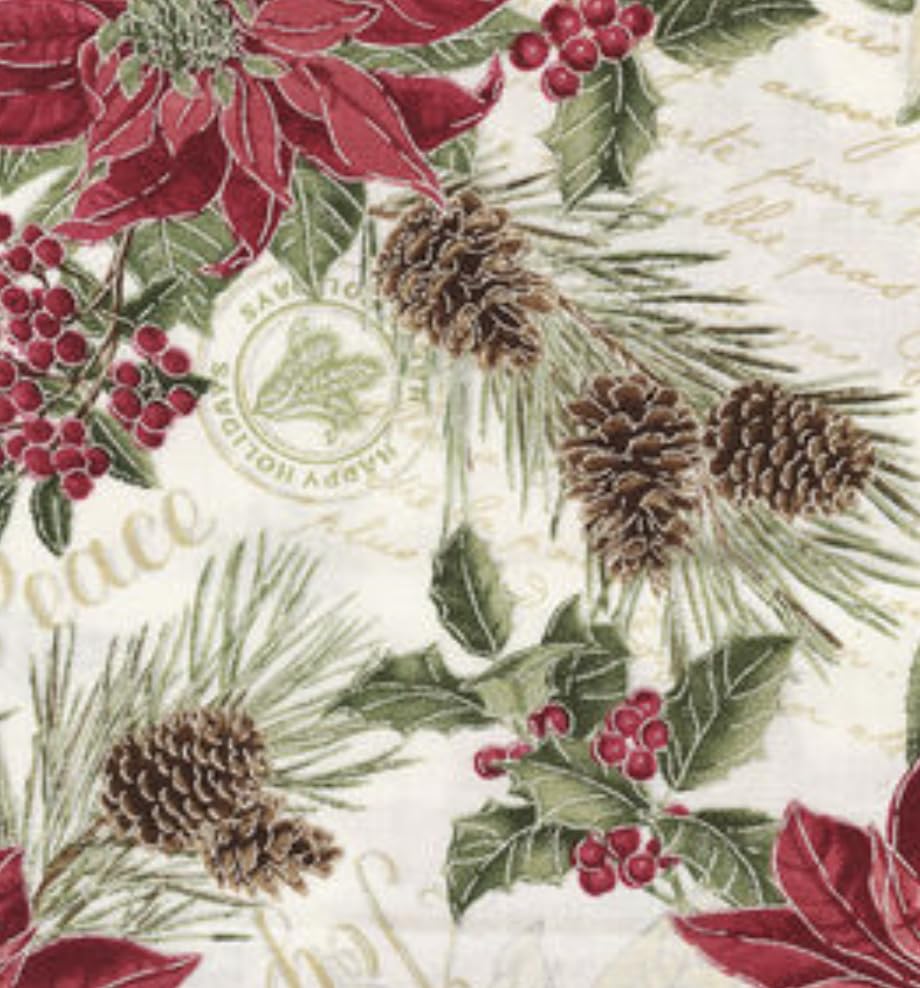 Traditional Christmas Poinsettia and Pinecone Cotton Precut Fabric - One Yard