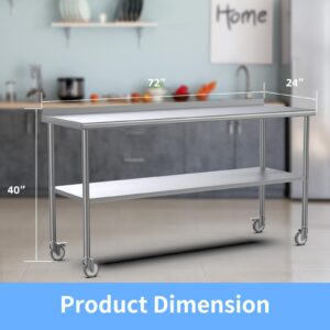 ROVSUN 72' x 24'' Stainless Steel Table for Prep & Work,Commercial Worktables & Workstations, NSF Heavy Duty Metal Table with Wheels & Backsplash for Kitchen, Restaurant,Home,Hotel