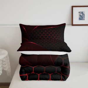 Honeycomb Geometric Hexagon Kids Comforter Set Queen Size,Glitter Neon Lines Bedding Set,Girls Boys Adults Bedroom Decor,Abstract Stylish Down Comforter,Red Black Classic Duvet Insert,2 Pillowcases