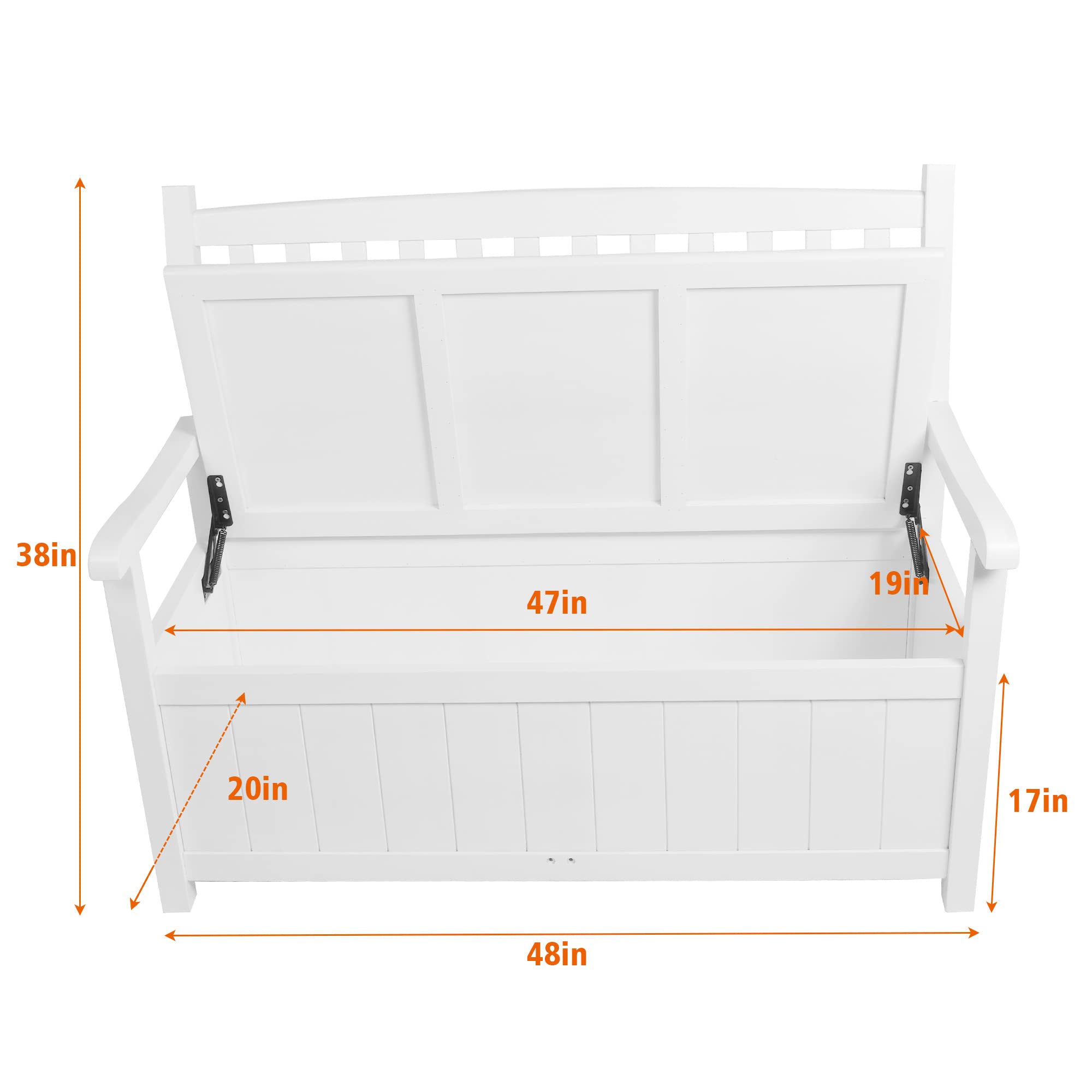 Outdoor Storage Bench Loveseat Deck Box Bench with Arm Back Patio Furniture 2-Seat Container Solid Wood for Garden Tools & Pool Toys Deck Storage Bench for Patio Garden Storage Porch White 450lbs