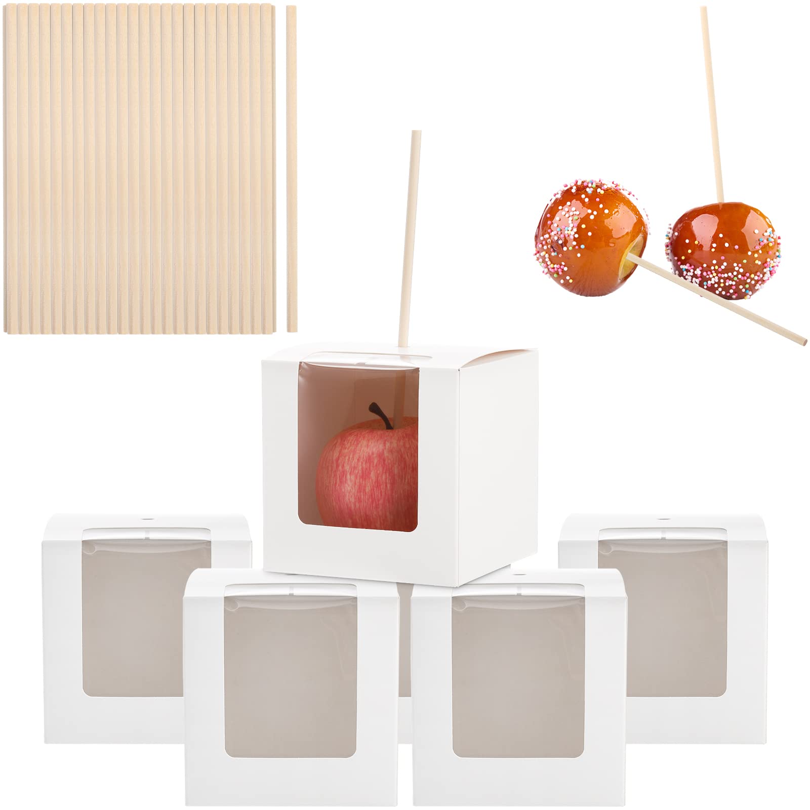 Frcctre 50 Pack White Kraft Candy Apple Boxes with Holes and Sticks, 4" x 4" x 4" Caramel Apple Box Gift Boxes Favor Boxes with Clear Window for Wedding Christmas Baby Shower Party Accessories