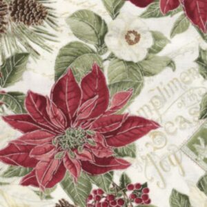 Traditional Christmas Poinsettia and Pinecone Cotton Precut Fabric - One Yard