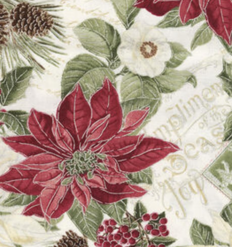 Traditional Christmas Poinsettia and Pinecone Cotton Precut Fabric - One Yard