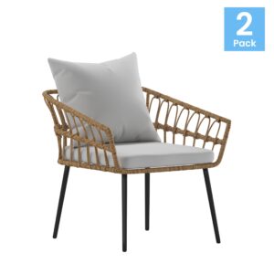 Flash Furniture Evin Set of 2 Boho Indoor/Outdoor Patio Chairs - Natural Finish Faux Rattan Wicker - Gray All-Weather Cushions - Integrated Armrests