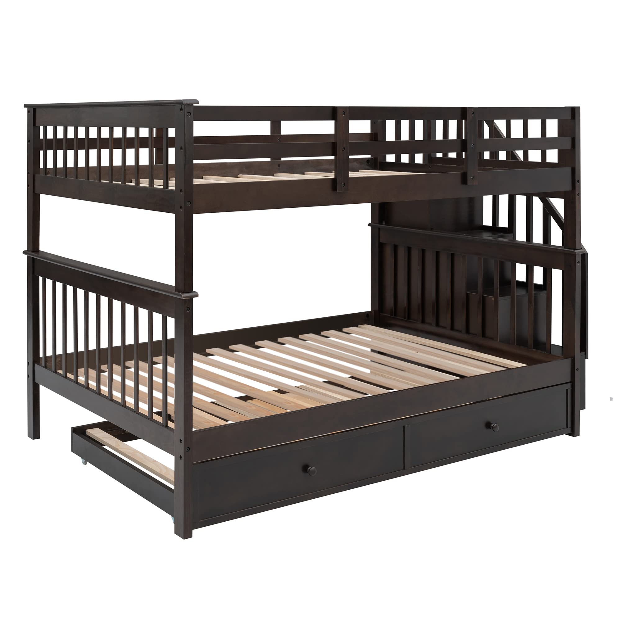 Bellemave Full Over Bunk Beds with Stairs and Trundle Wood Bed Frame Staircase Storage Shelves for Kids Teens Adult, Detachable Stairway Bunkbed Boys Girls, Espresso