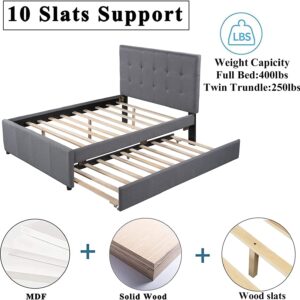 CITYNIGHT Upholstered Full Size Platform Bed with Headboard and Trundle,Linen Wood Full Trundle Bed Frame for Kids Teens,No Box Spring Needed (Full,Grey+Trundle)