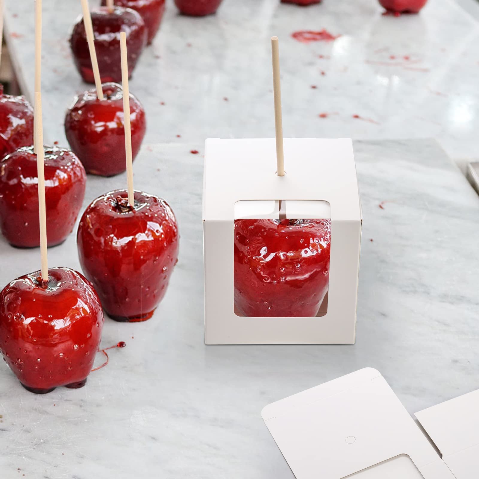 Frcctre 50 Pack White Kraft Candy Apple Boxes with Holes and Sticks, 4" x 4" x 4" Caramel Apple Box Gift Boxes Favor Boxes with Clear Window for Wedding Christmas Baby Shower Party Accessories