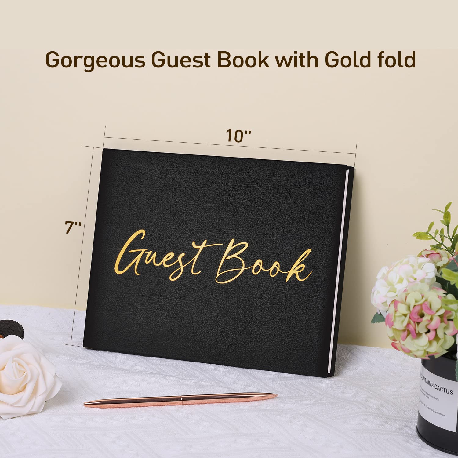 JUBTIC Black Guest Book for Funeral, Guest Sign in Book for Reception,Wedding,Baby Shower, Birthday, Bridal Shower, Graduation Party,100 Pages with Gilded Edges and Gold Foiled Cover - 7x10″