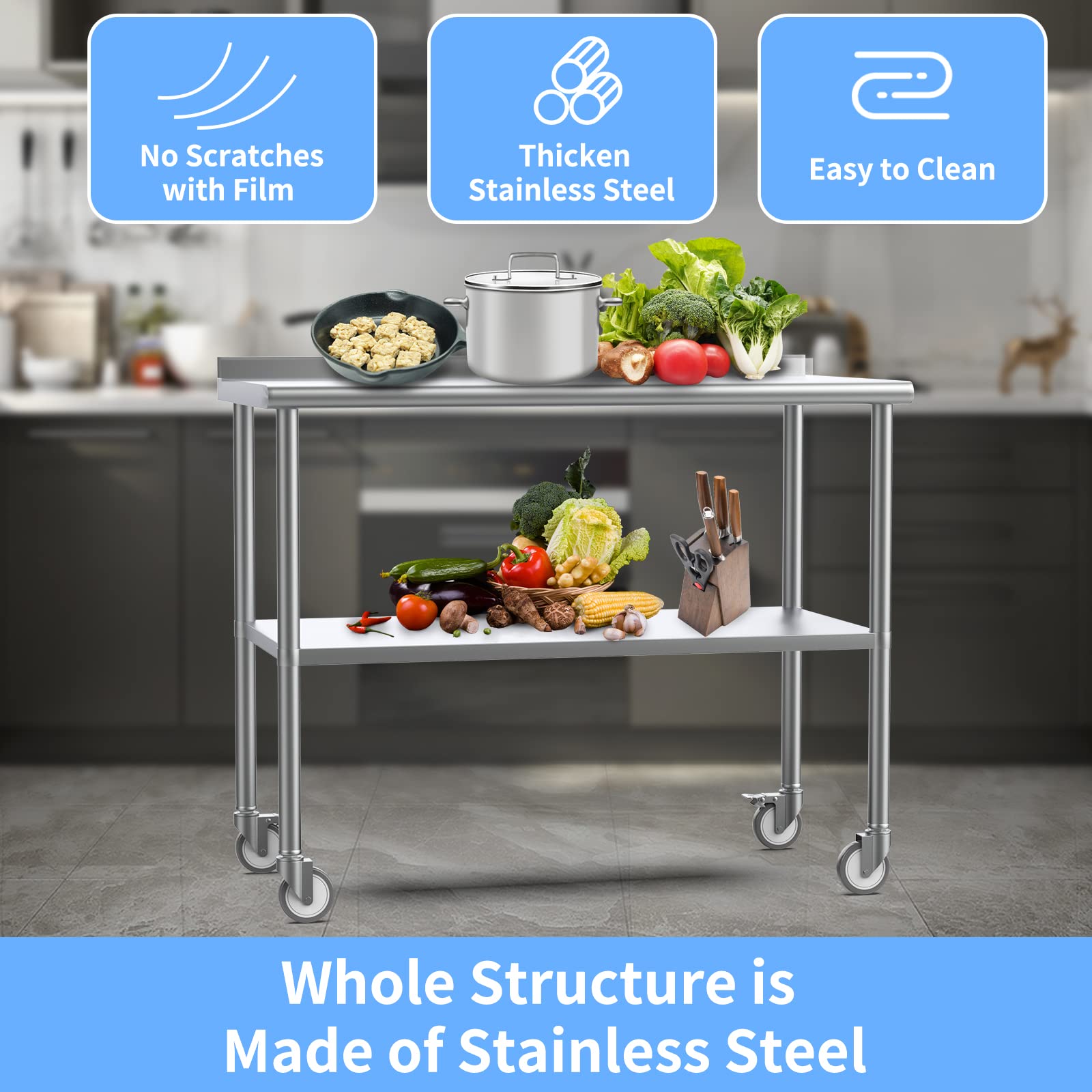 ROVSUN 72' x 24'' Stainless Steel Table for Prep & Work,Commercial Worktables & Workstations, NSF Heavy Duty Metal Table with Wheels & Backsplash for Kitchen, Restaurant,Home,Hotel