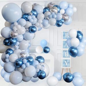 Blue Balloon Garland Arch Kit, Metallic Blue White and Silver Confetti Latex Balloons for Birthday Baby Shower Wedding Graduation Anniversary Frozen Winter Party Background Decorations