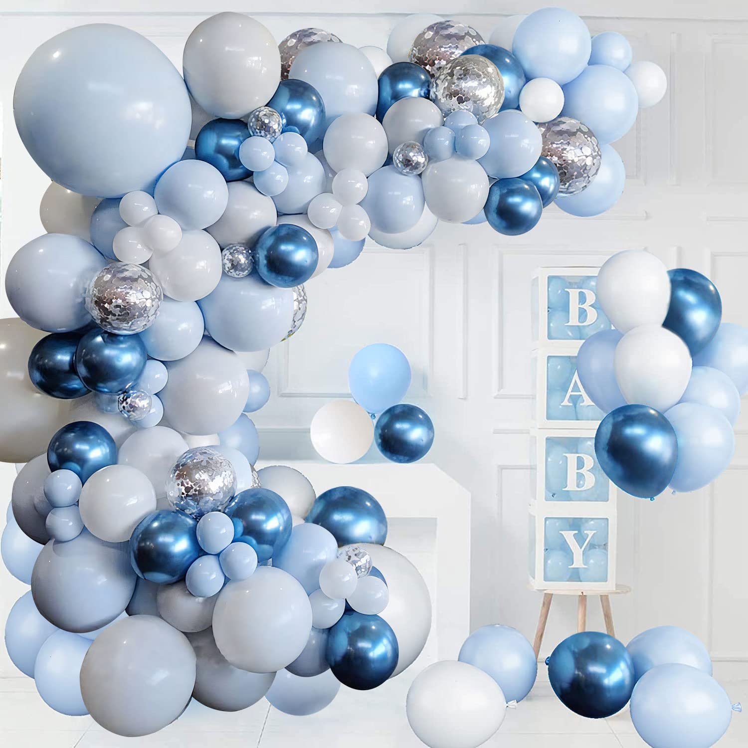 Blue Balloon Garland Arch Kit, Metallic Blue White and Silver Confetti Latex Balloons for Birthday Baby Shower Wedding Graduation Anniversary Frozen Winter Party Background Decorations