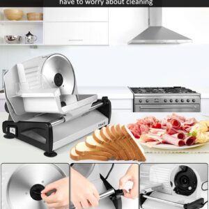 TOKASS Meat Slicer, 200W Electric Slicer For Home Use with 2pcs 7.5'' Stainless Steel Blades, Electric Deli food Slicer, Adjustable Thickness for Meat, Cheese, Bread, Easy Clean (200W-Bright Silver)