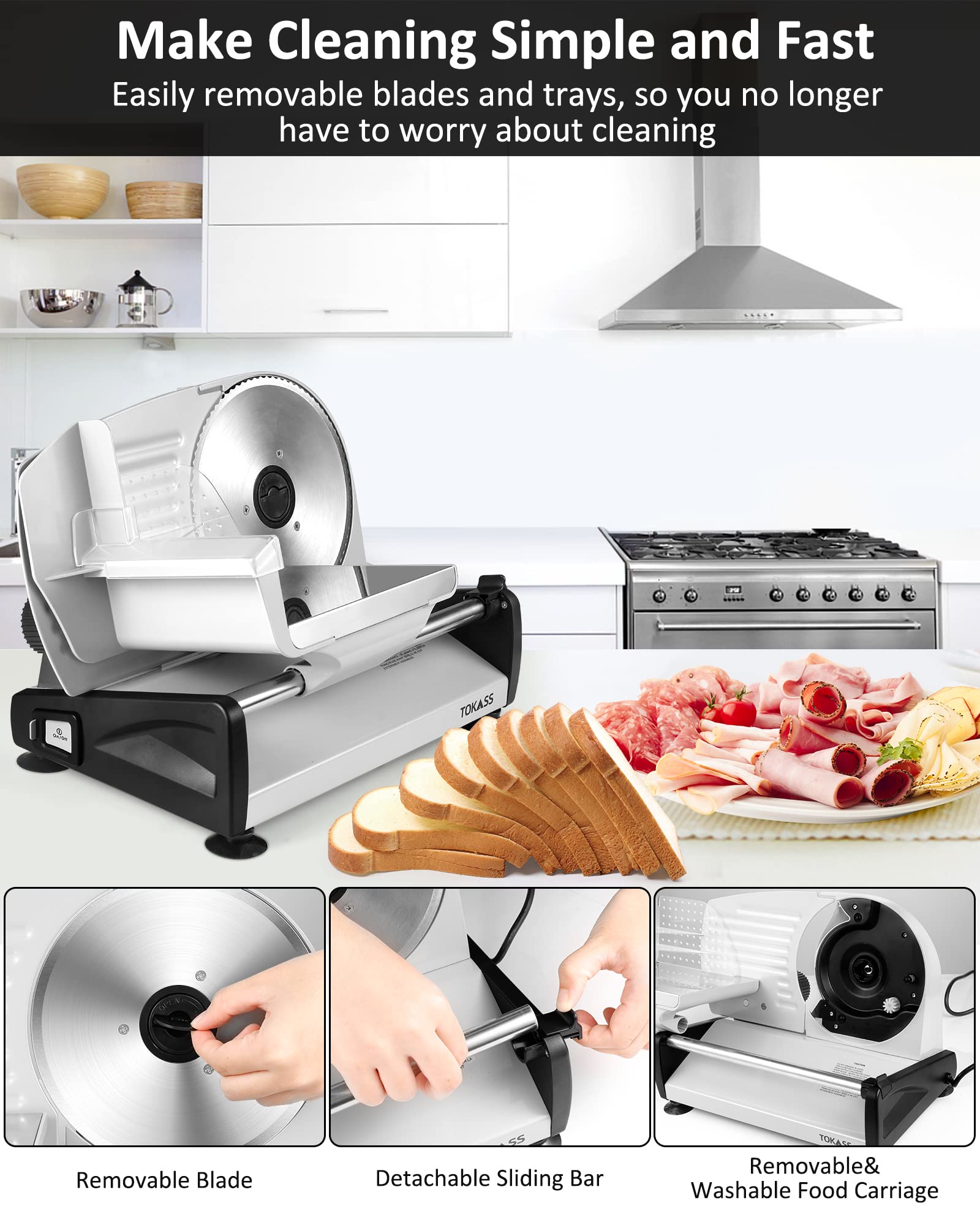 TOKASS Meat Slicer, 200W Electric Slicer For Home Use with 2pcs 7.5'' Stainless Steel Blades, Electric Deli food Slicer, Adjustable Thickness for Meat, Cheese, Bread, Easy Clean (200W-Bright Silver)