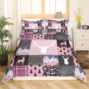 Erosebridal Farmhouse Moose Duvet Cover for Kids Boys Girls,Pink Deer Sketch Bedding Set,Rustic Elk Comforter Cover Twin,Woodland Animal Bed Sets with 1 Pillow Sham Lodge Bedroom Decor