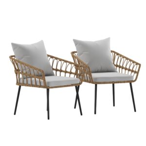 flash furniture evin set of 2 boho indoor/outdoor patio chairs - natural finish faux rattan wicker - gray all-weather cushions - integrated armrests