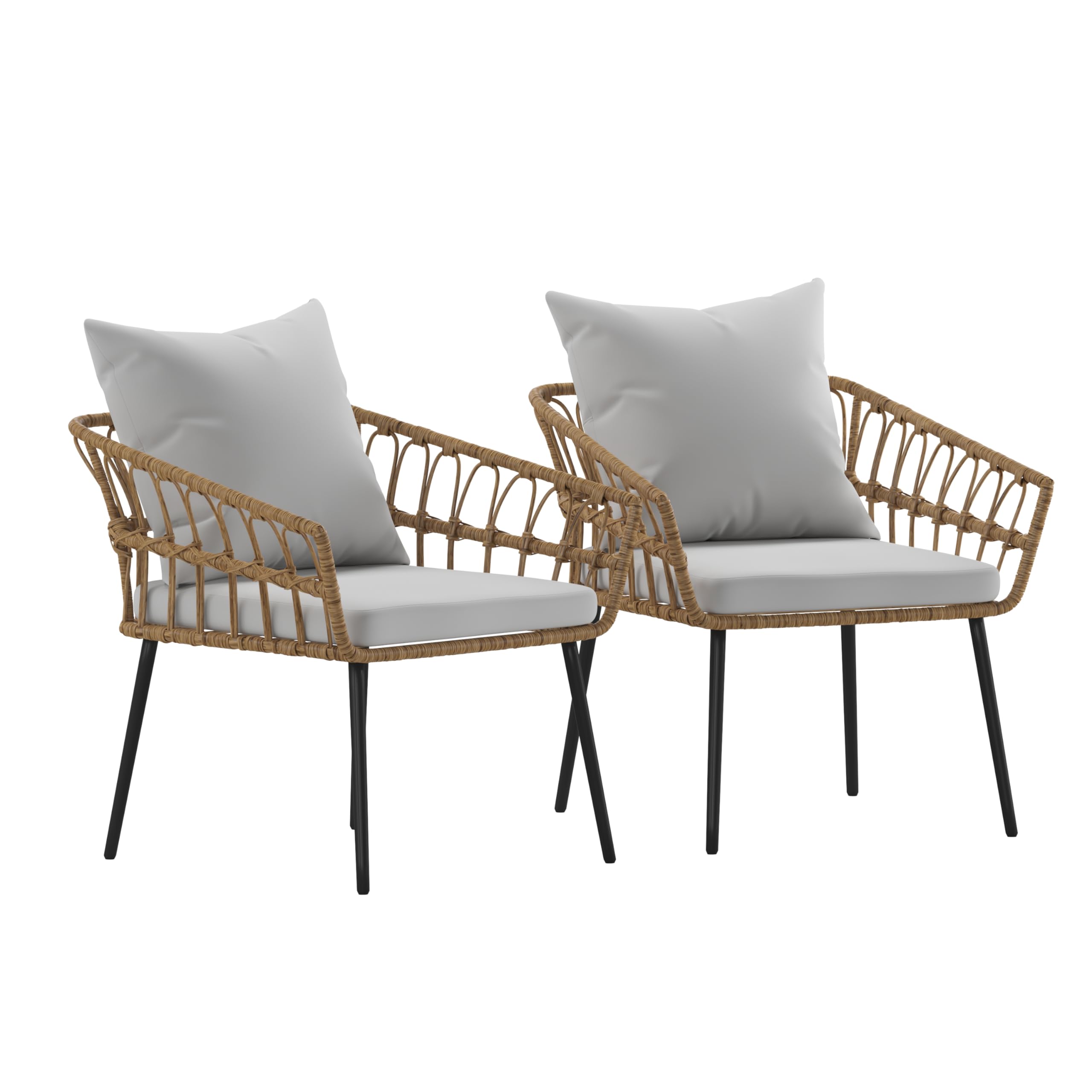 Flash Furniture Evin Set of 2 Boho Indoor/Outdoor Patio Chairs - Natural Finish Faux Rattan Wicker - Gray All-Weather Cushions - Integrated Armrests